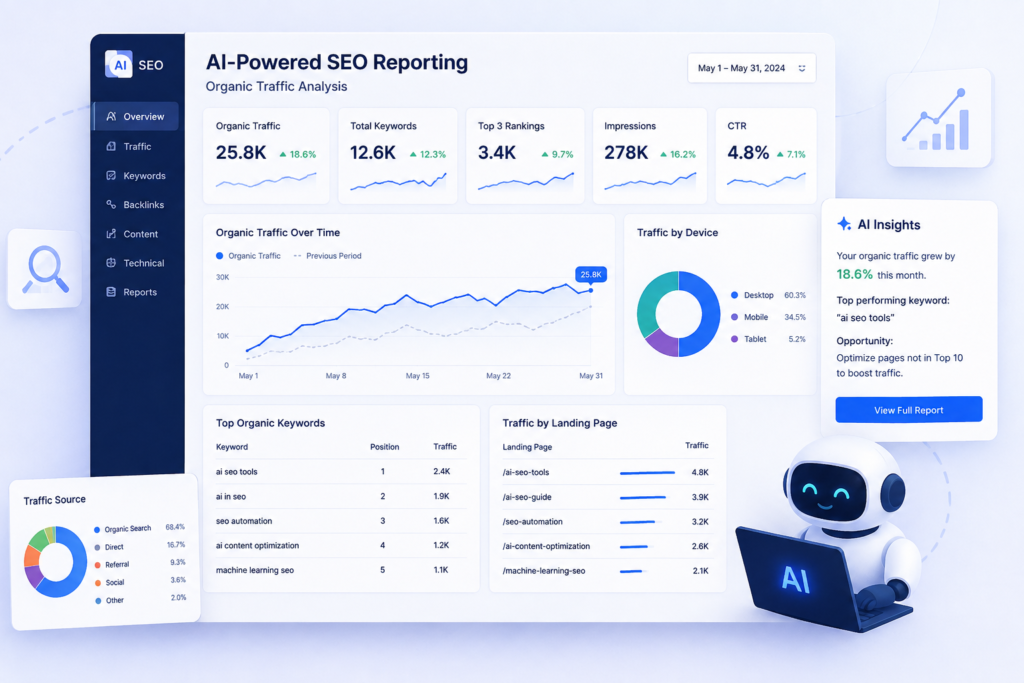 AI-powered SEO reporting and organic traffic analysis